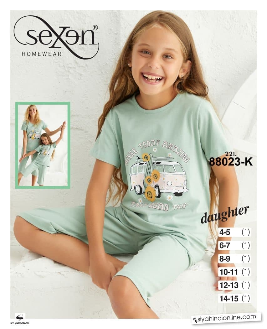سکسن | Sexen - ست تیشرت و شلوارک نخی دخترانه 88023 ترک