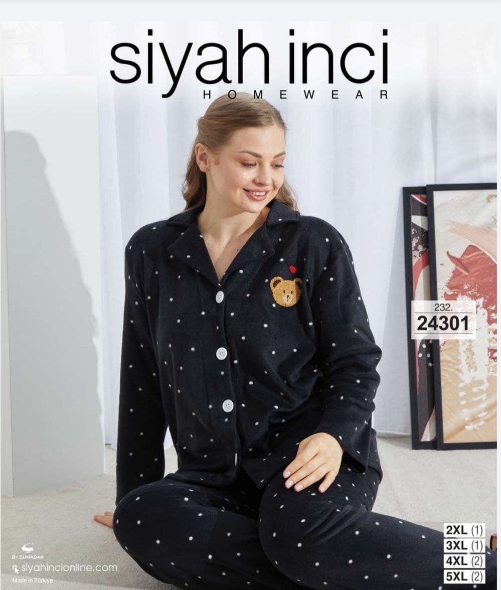 سیاه اینجه | SİYAH İNCİ - ست لباس خواب جلو دکمه و شلوار مخمل زنانه سایز بزرگ 24301 ترک
