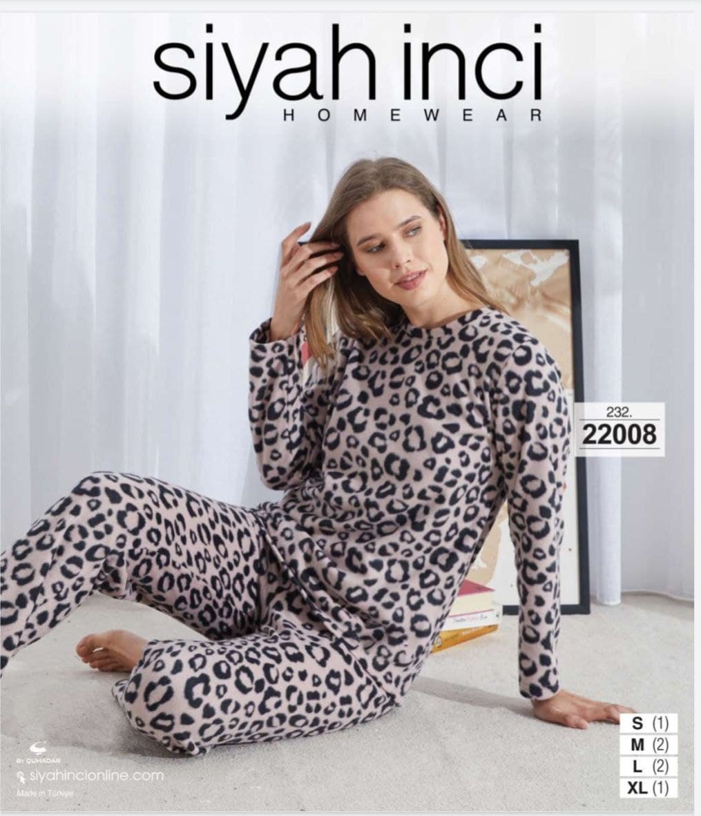 سیاه اینجه | SİYAH İNCİ - ست بلوز و شلوار مخمل پلنگی زنانه 22008 ترک