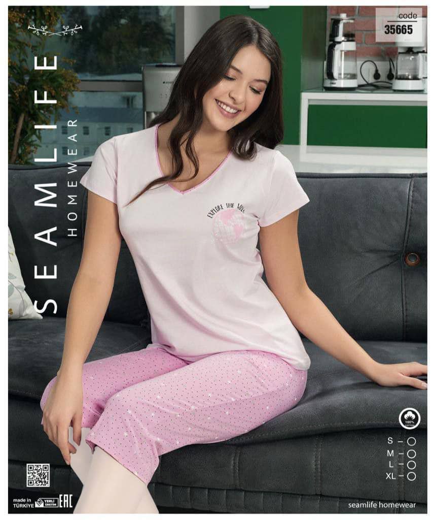 سیم لایف | SEAMLIFE - ست تیشرت و شلوارک راحتی خال خالی صورتی زنانه 35665 سیم لایف