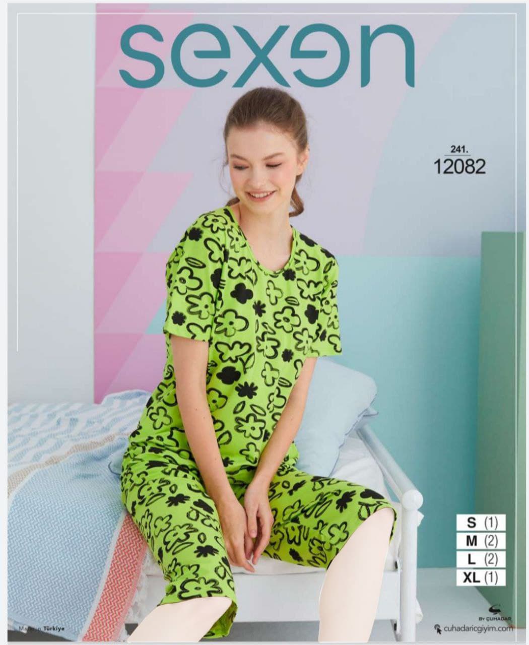 سکسن | Sexen - ست تیشرت و شلوارک راحتی نخی زنانه 12082 ترک