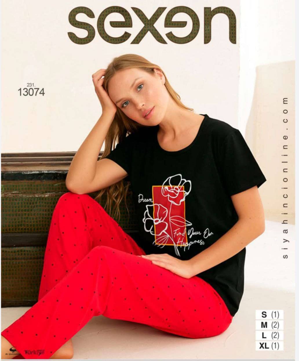 سکسن | Sexen - ست تیشرت مشکی و شلوار قرمز راحتی زنانه 13074 ترک