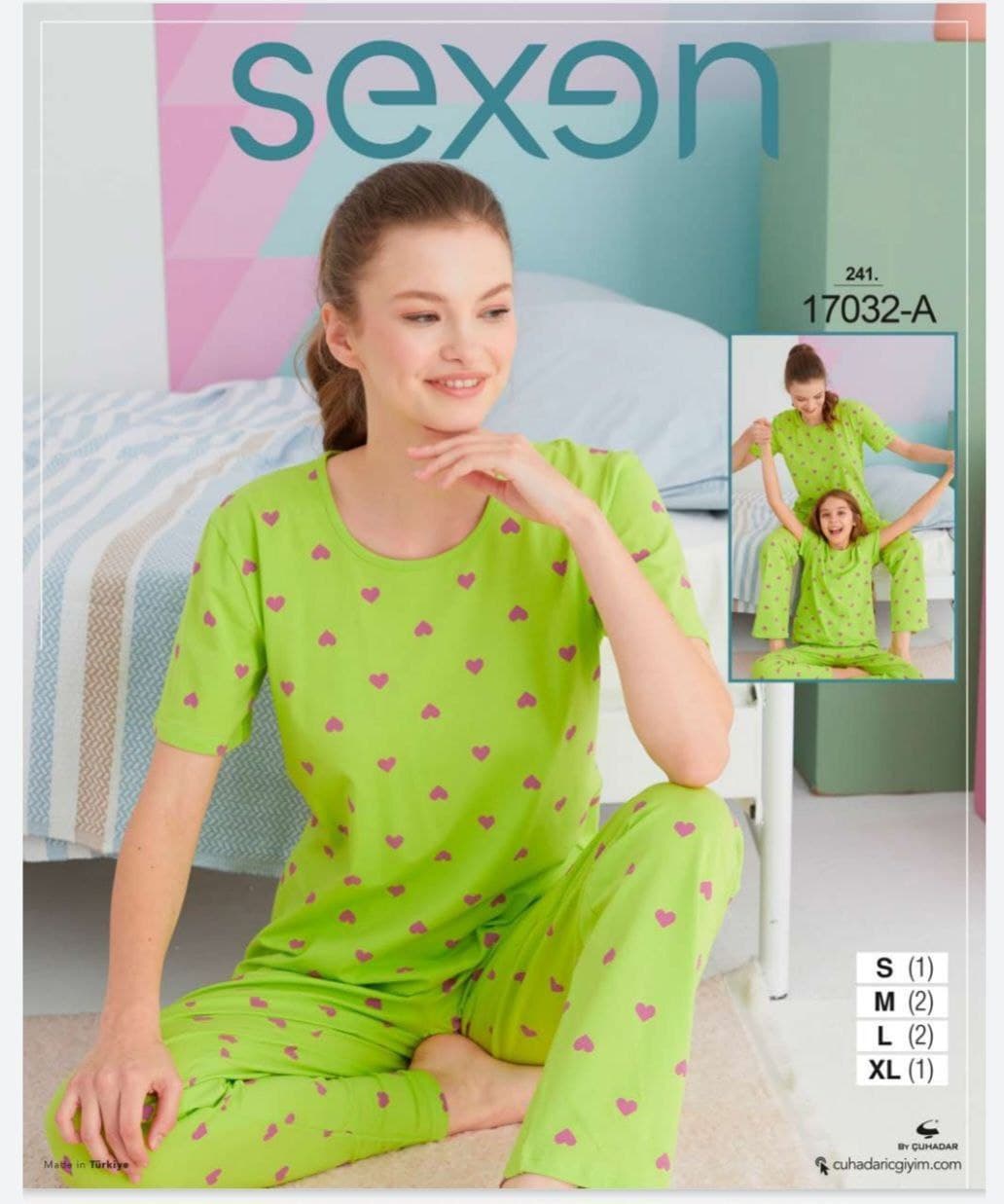 سکسن | Sexen - ست تیشرت و شلوار مادر دختری قلب قلب 17032 ترک