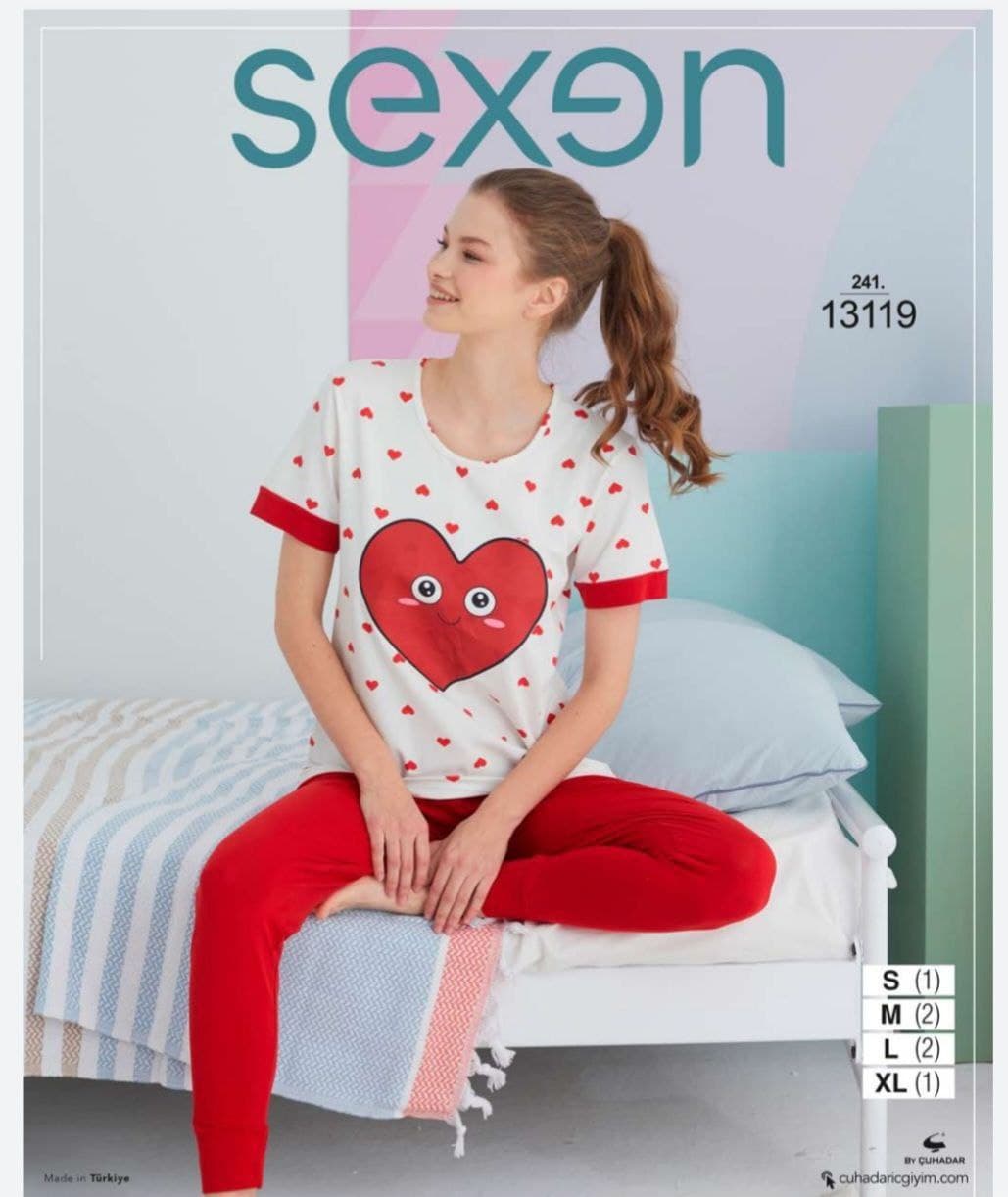 سکسن | Sexen - ست تیشرت و شلوار راحتی نخی زنانه 13119 ترک