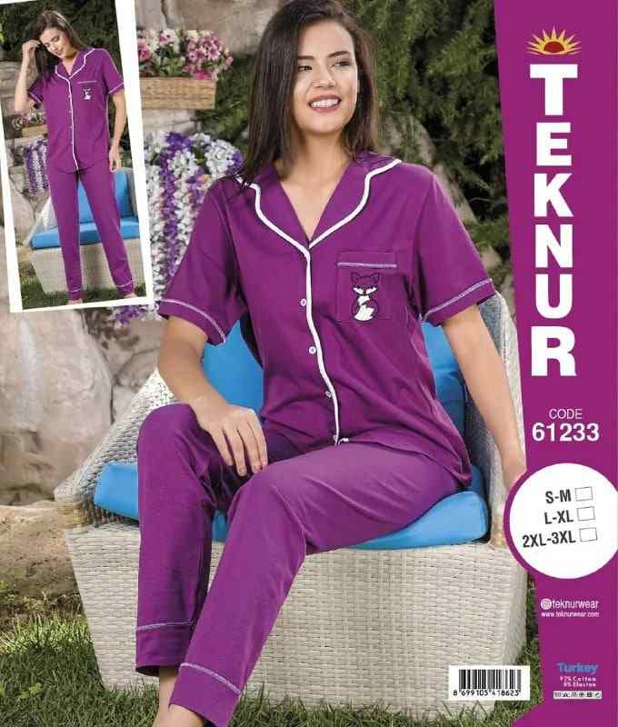 تکنور | Teknur - ست تیشرت دکمه ای و شلوار نخی زنانه 61233 ترک