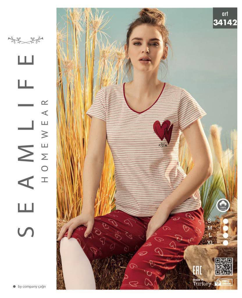 سیم لایف | SEAMLIFE - ست تیشرت و شلوارک تو خونه ای قرمز قلب قلبی زنانه 34142 ترک