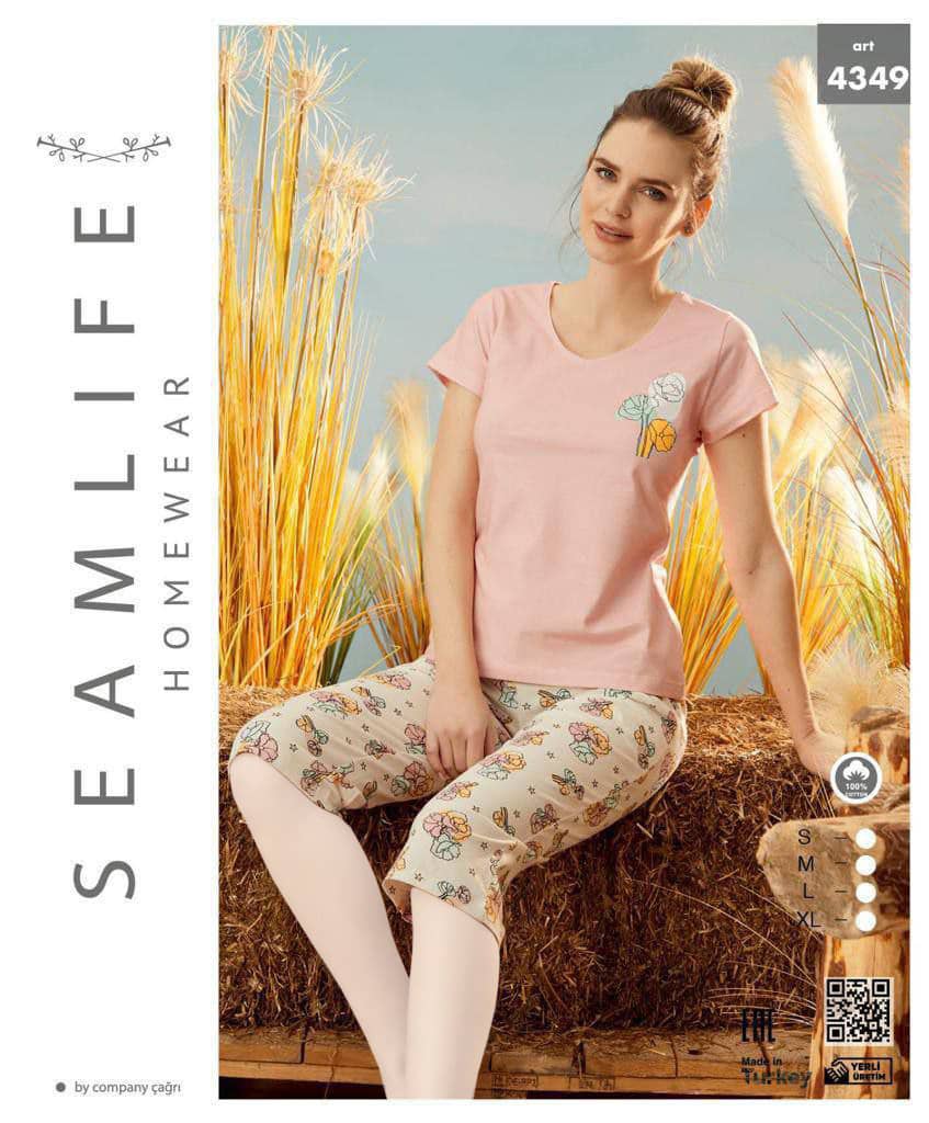 سیم لایف | SEAMLIFE - ست تیشرت و شلوارک راحتی صورتی گل گلی زنانه 4349 سیم لایف