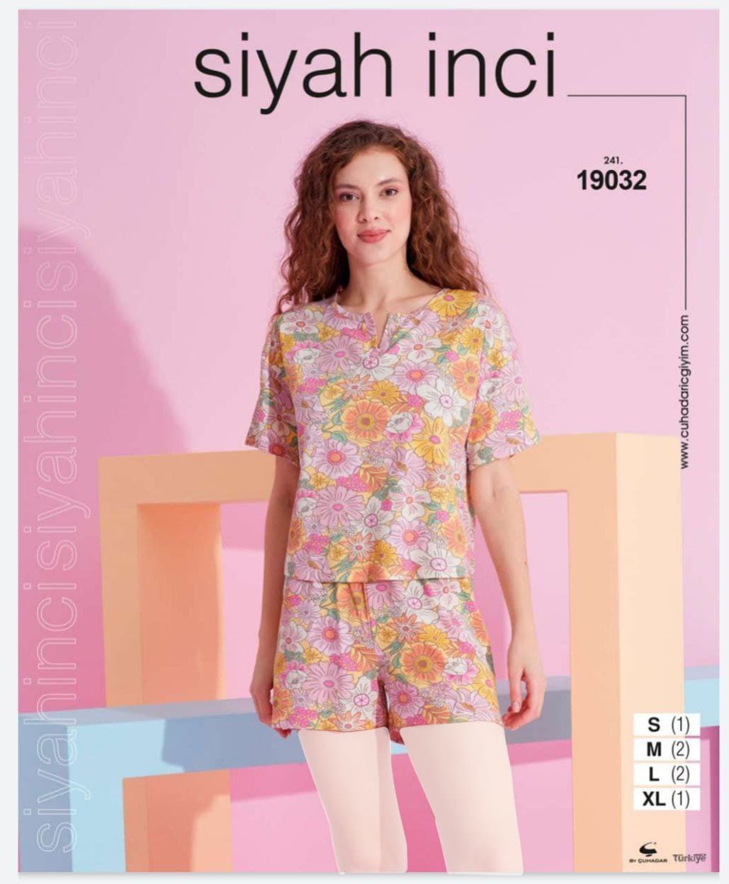 سیاه اینجه | SİYAH İNCİ - ست تیشرت و شورتک راحتی بهاره زنانه 19032 ترک