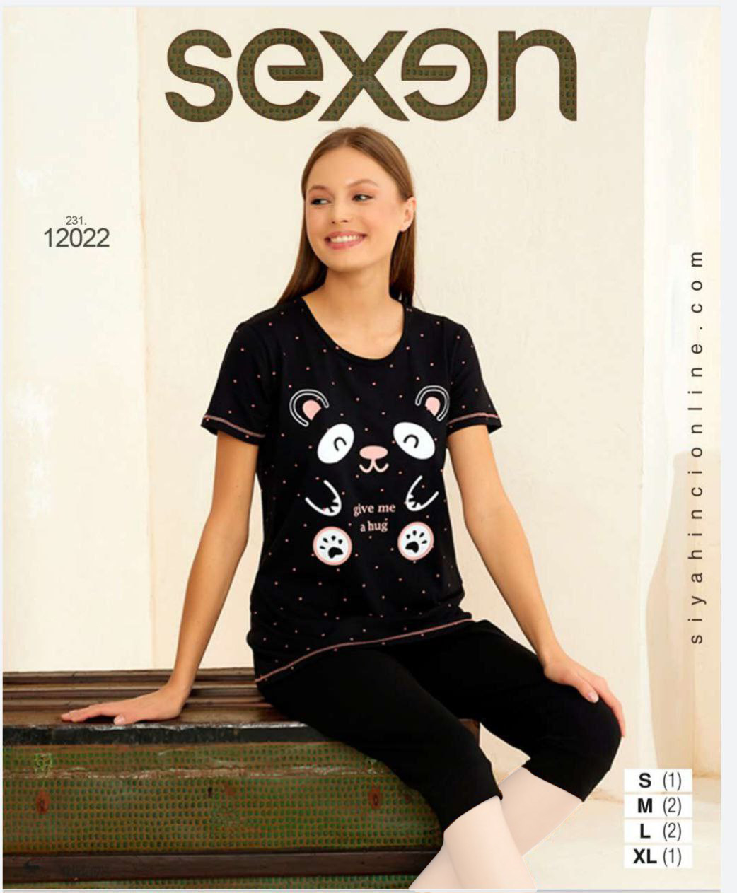 سکسن | Sexen - ست تی شرت و شلوارک خانگی مشکی زنانه 12022 ترک