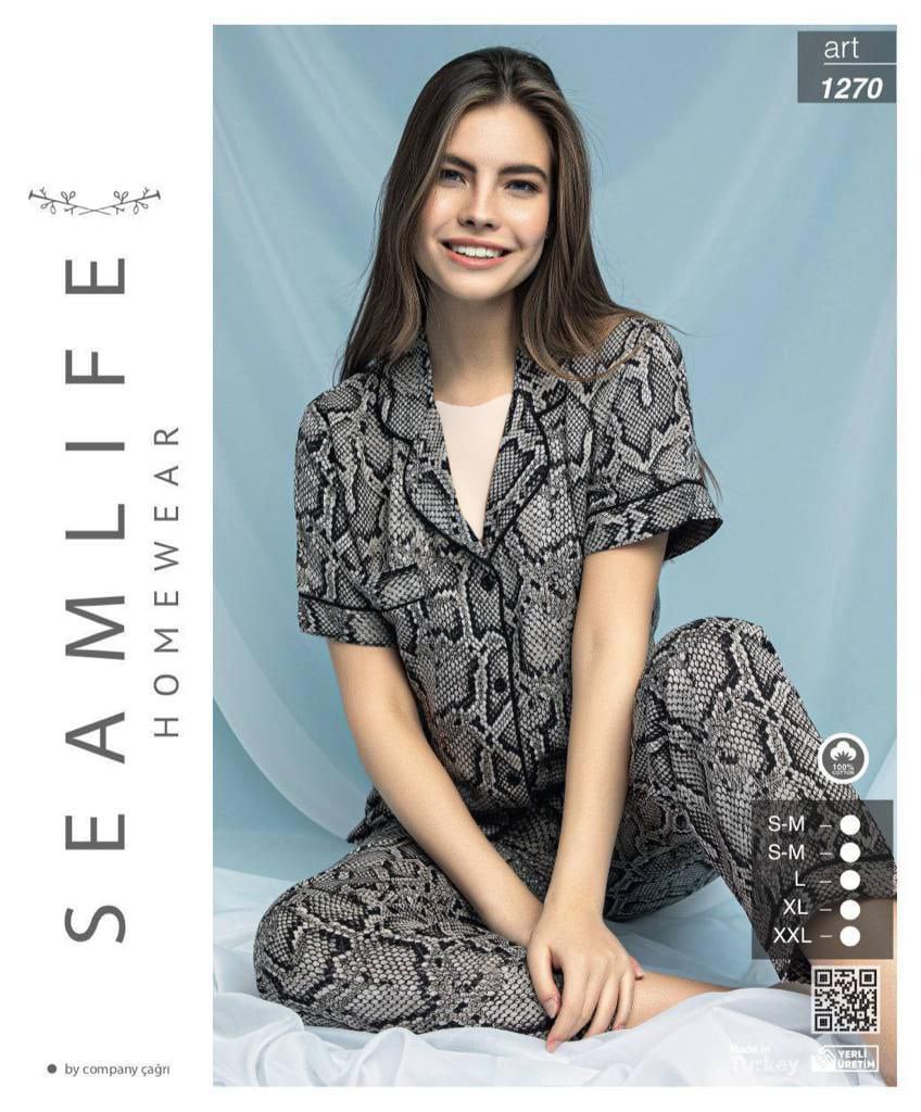 سیم لایف | SEAMLIFE - ست لباس خواب دکمه دار و شلوار ساتن پوست ماری زنانه 1270 ترک