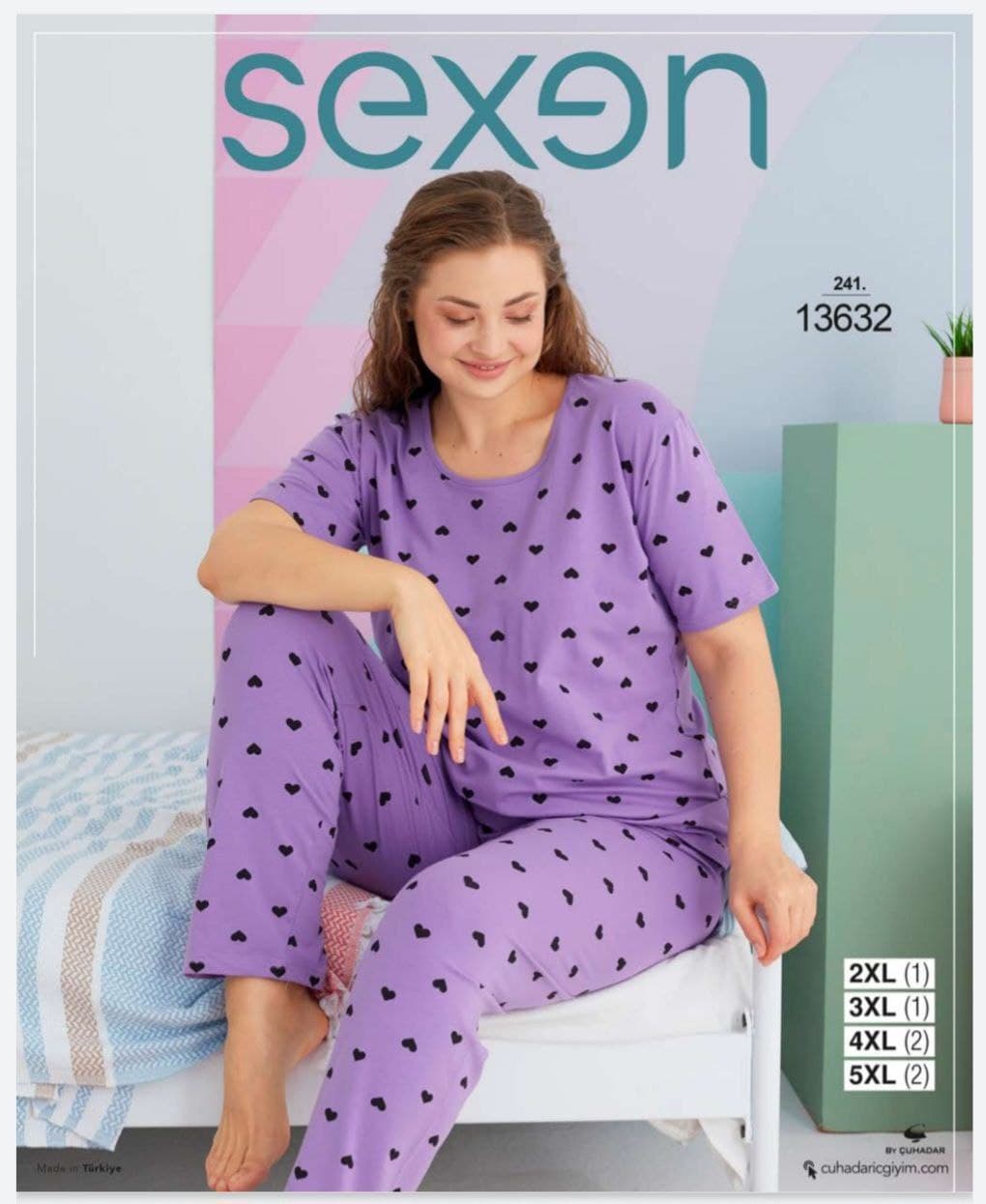 سکسن | Sexen - ست تیشرت و شلوار نخی زنانه بیگ سایز 13632 ترک