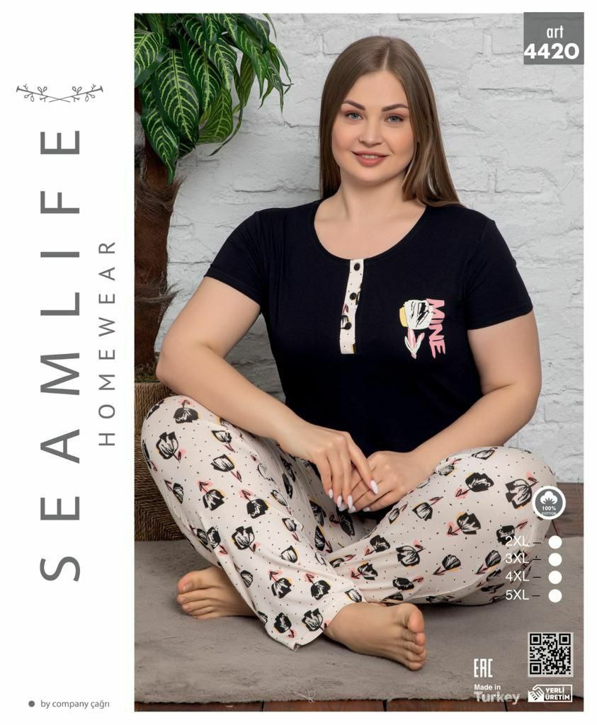 سیم لایف | SEAMLIFE - ست تیشرت و شلوار نخی زنانه سایز بزرگ 4420 ترک
