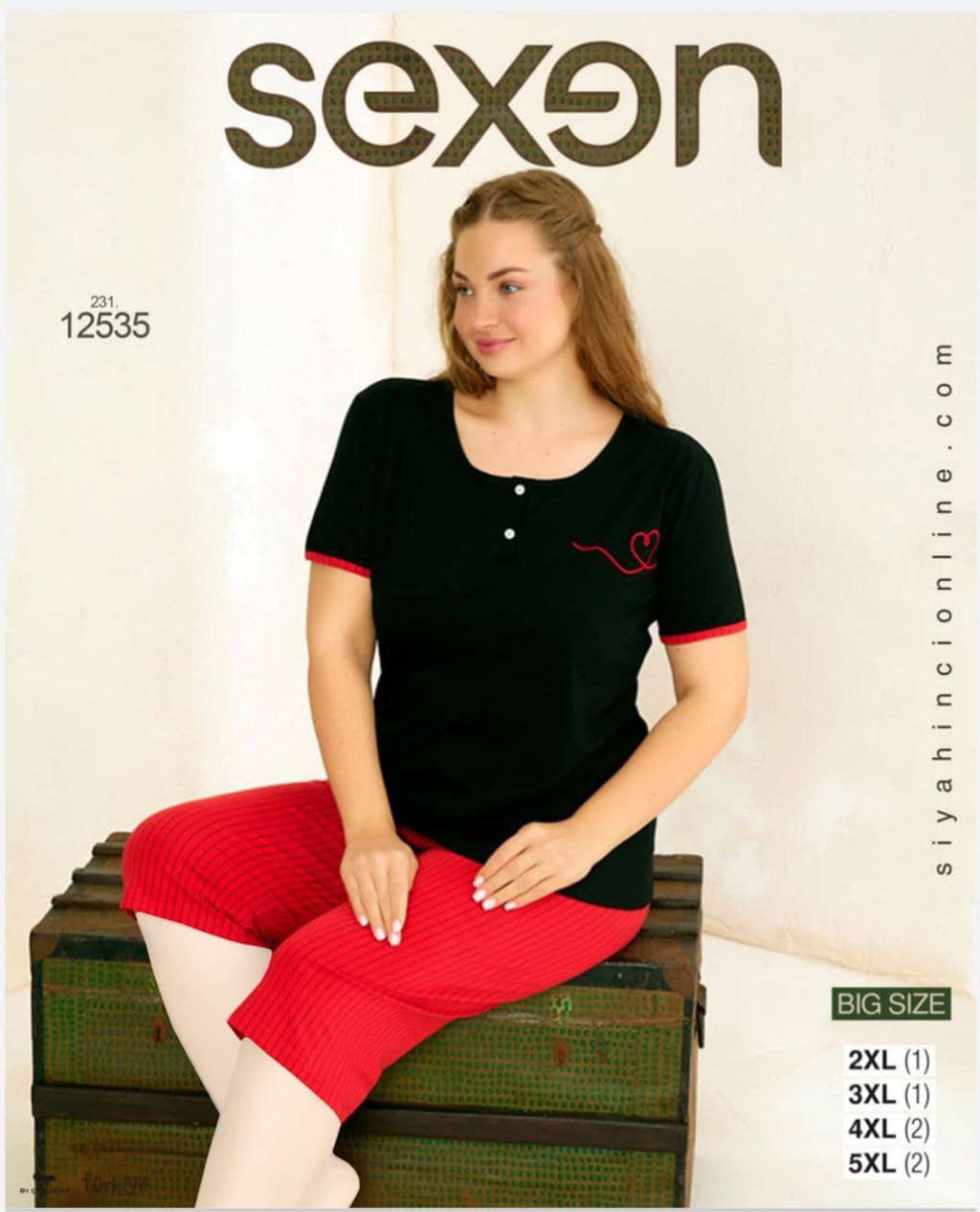 سکسن | Sexen - ست تیشرت و شلوارک راحتی زنانه بیگ سایز 12535 ترک