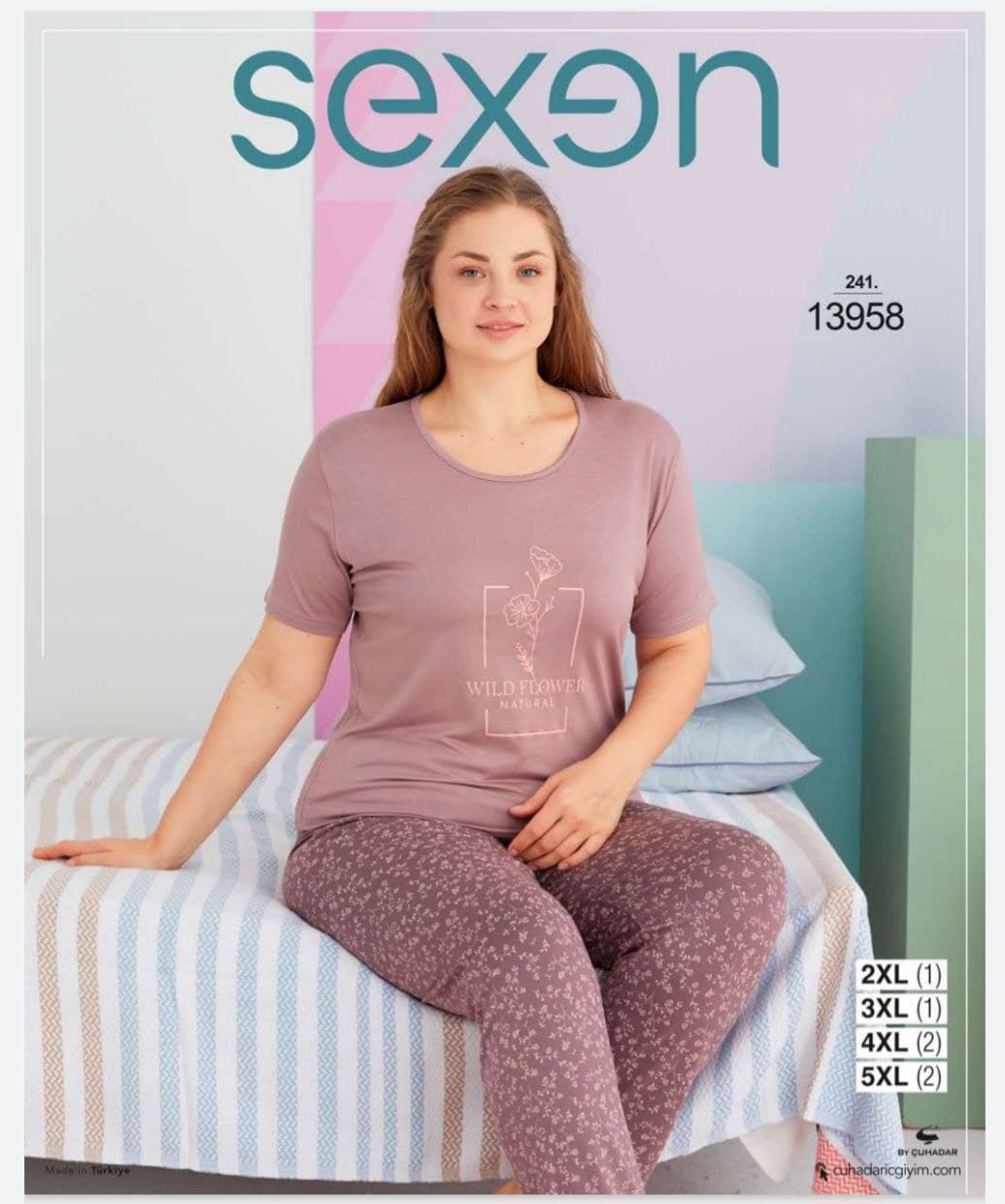 سکسن | Sexen - ست تیشرت و شلوار راحتی شیک زنانه سایز بزرگ 13958 ترک
