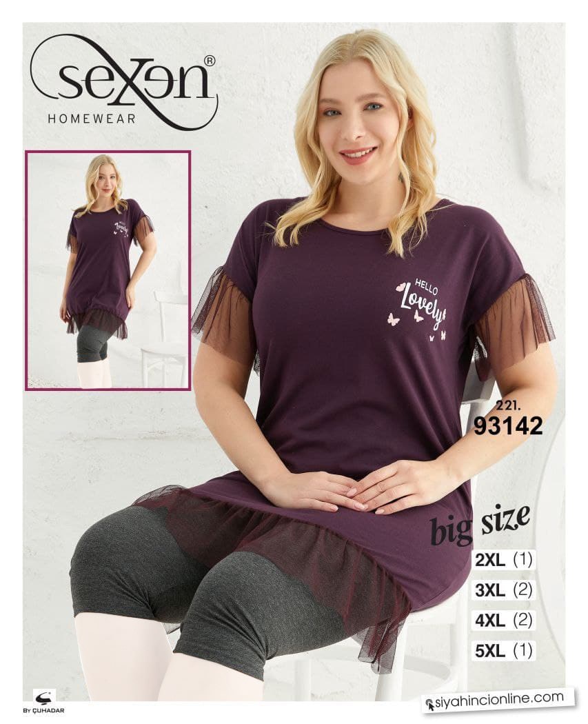 سکسن | Sexen - ست تونیک و شلوارک خانگی زنانه سایز بزرگ 93142 ترک