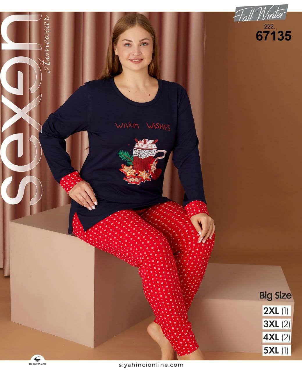 سکسن | Sexen - ست بلوز آستین بلند و شلوار خانگی زنانه سایز بزرگ 67135 سکسن