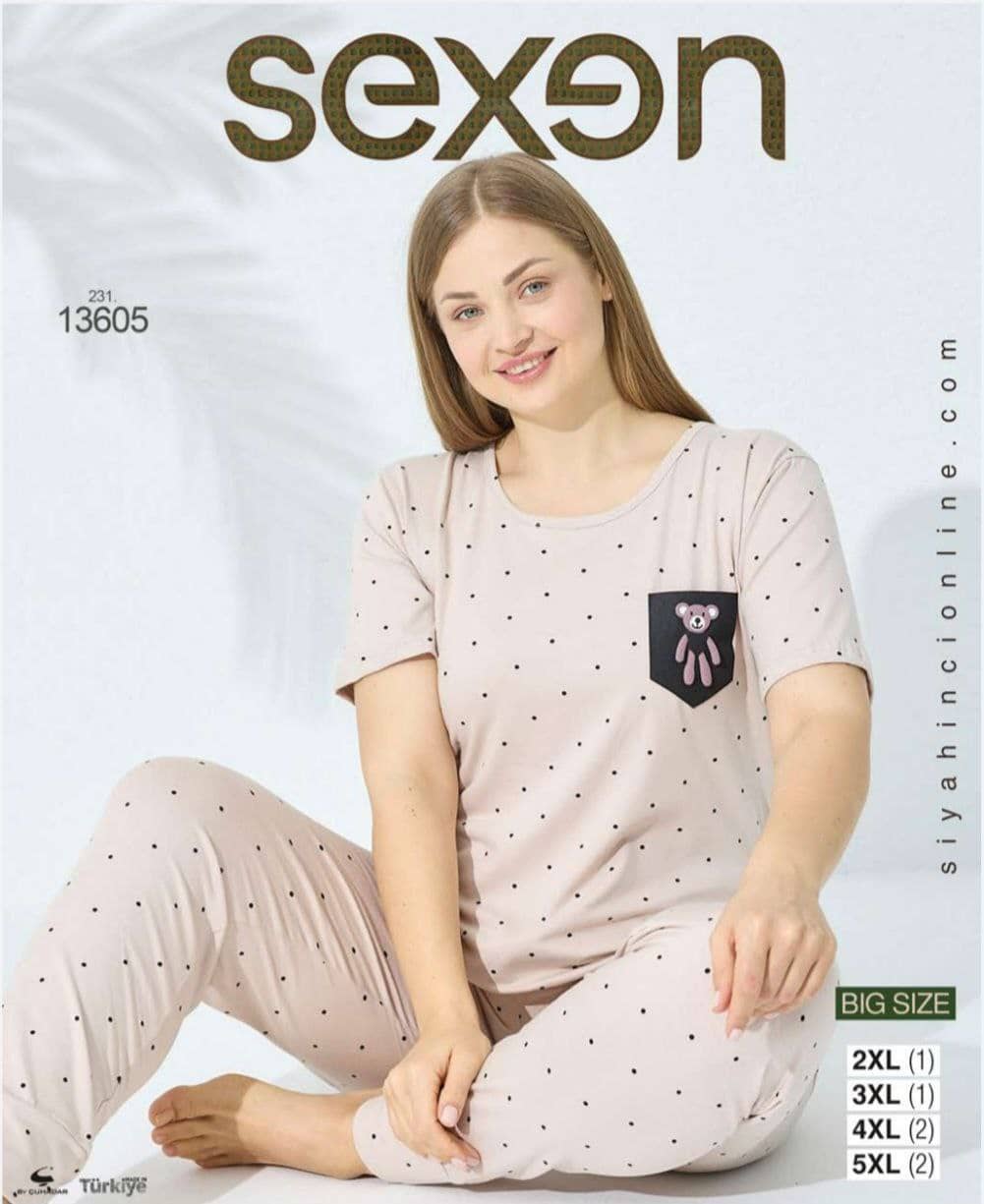 سکسن | Sexen - ست تیشرت و شلوار منزل زنانه سایز بزرگ 13605 ترک