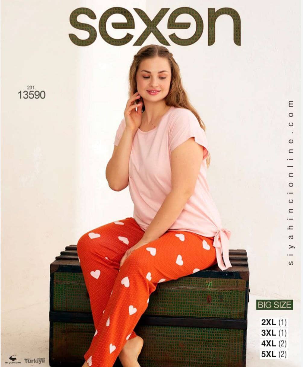 سکسن | Sexen - ست تیشرت و شلوار شیک زنانه بیگ سایز 13590 ترک