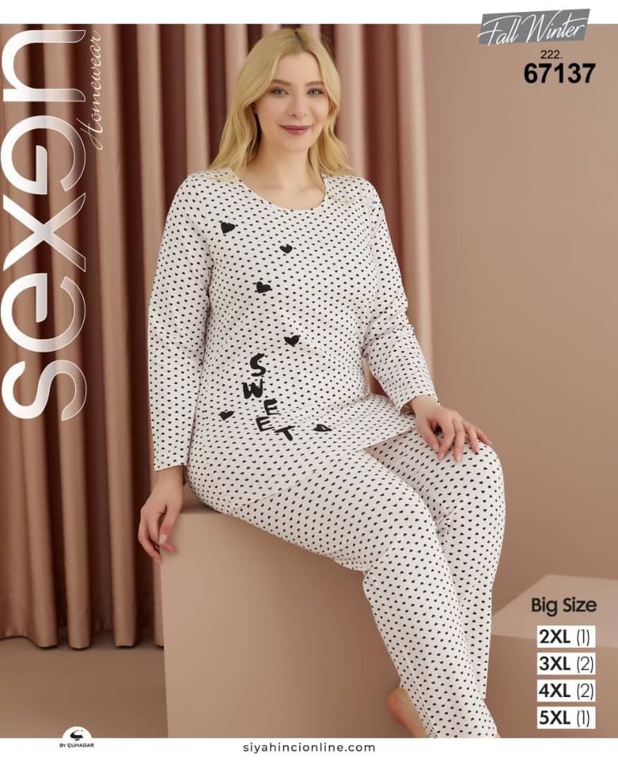 سکسن | Sexen - ست تیشرت آستین بلند و شلوار بهاره زنانه سایز بزرگ 67137 ترک