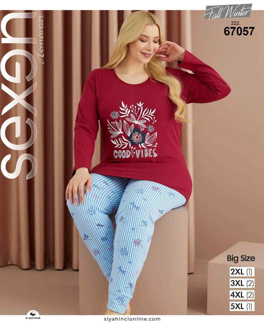 سکسن | Sexen - ست بلوز و شلوار خانگی زنانه سایز بزرگ 67057 ترک
