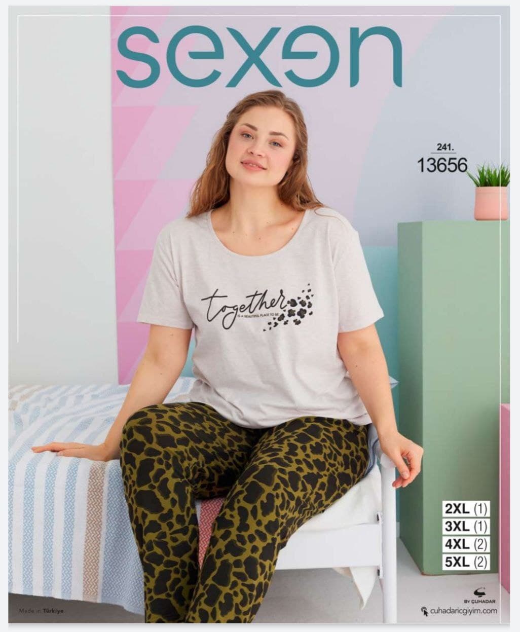 سکسن | Sexen - ست تیشرت و شلوار راحتی پلنگی زنانه بیگ سایز 13656 ترک