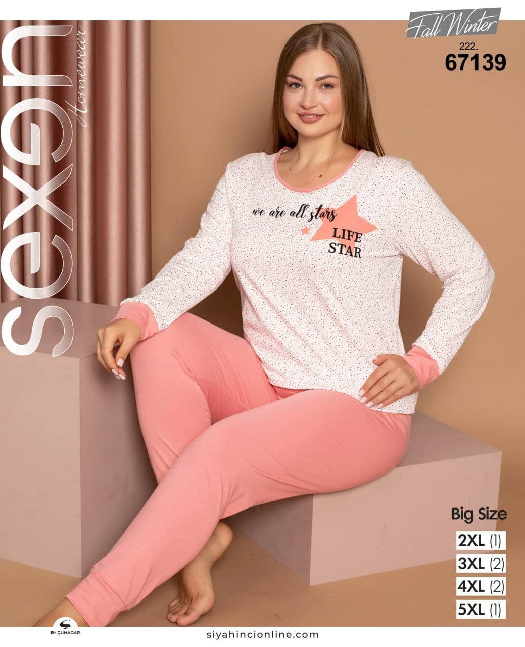 سکسن | Sexen - ست تیشرت آستین بلند و شلوار پاییزی زنانه سایز بزرگ 67139 ترک