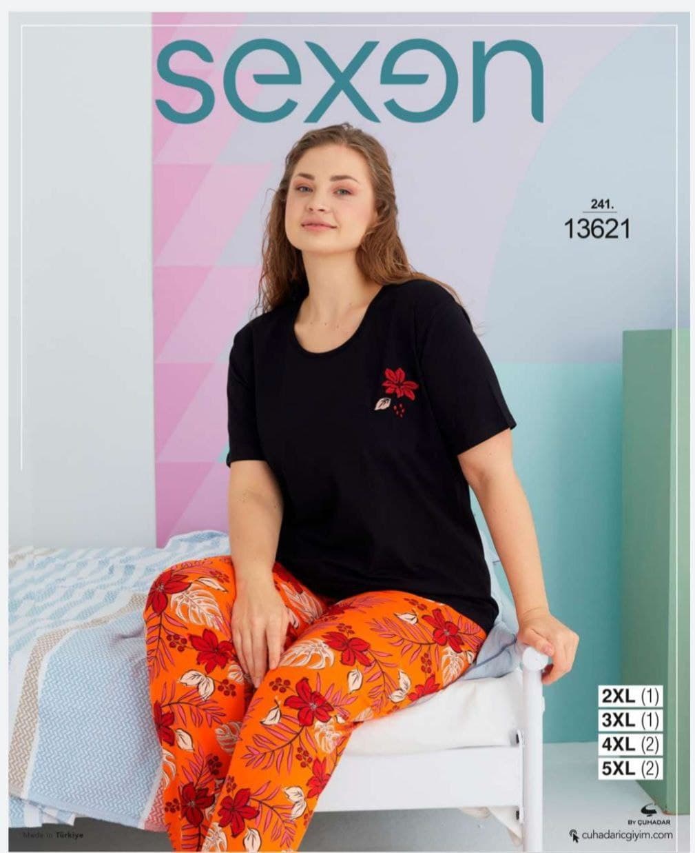 سکسن | Sexen - ست تیشرت و شلوار خونگی زنانه سایز بزرگ 13621 ترک