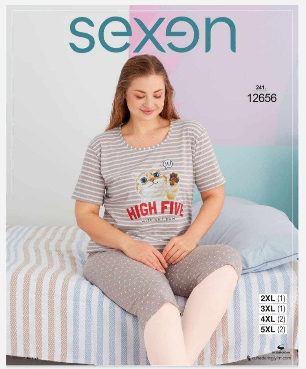 سکسن | Sexen - ست تیشرت و شلوارک نخ پنبه زنانه سایز بزرگ 12656 ترک
