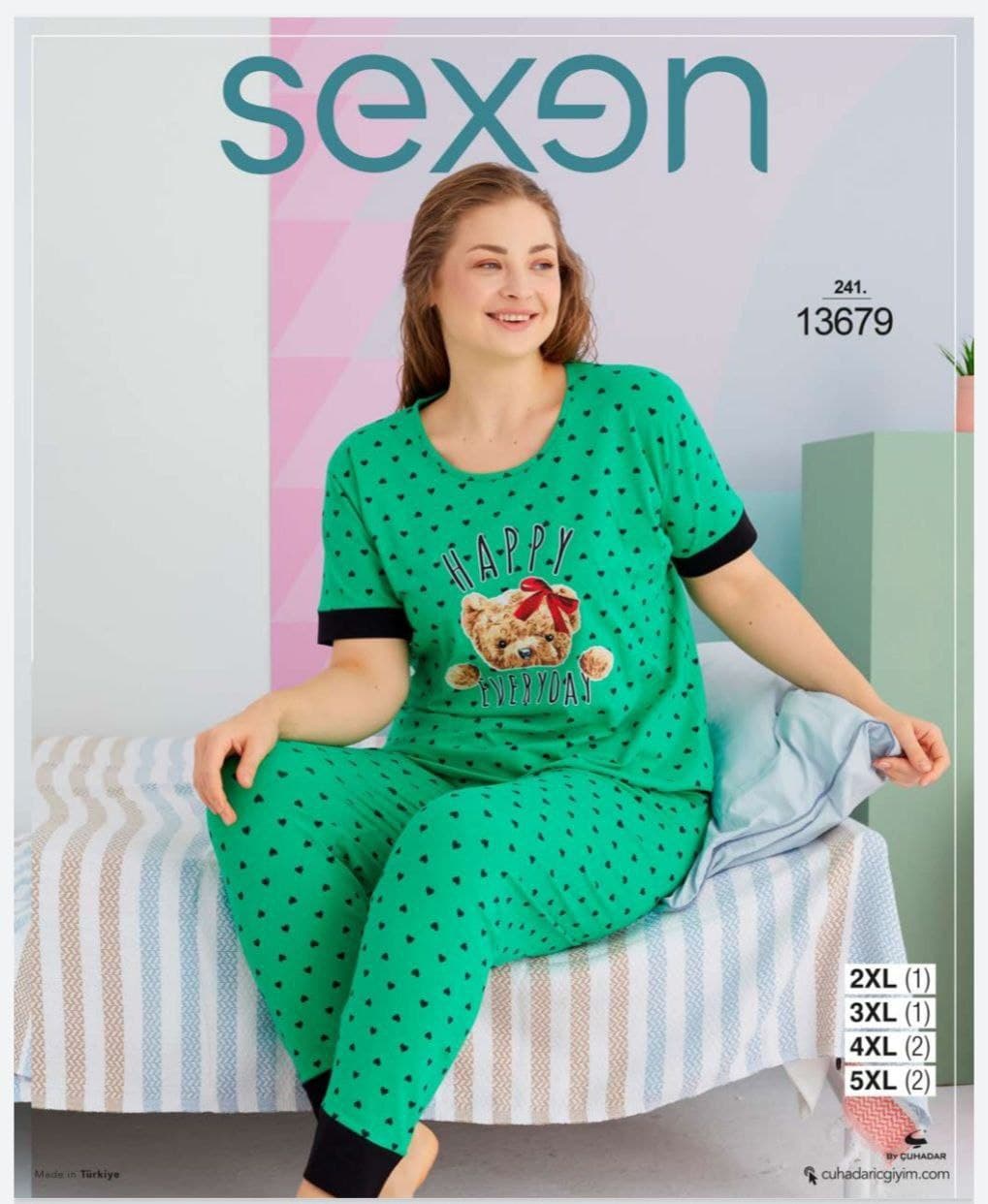 سکسن | Sexen - ست پیژامه آستین کوتاه و شلوار زنانه سایز بزرگ 13679 ترک