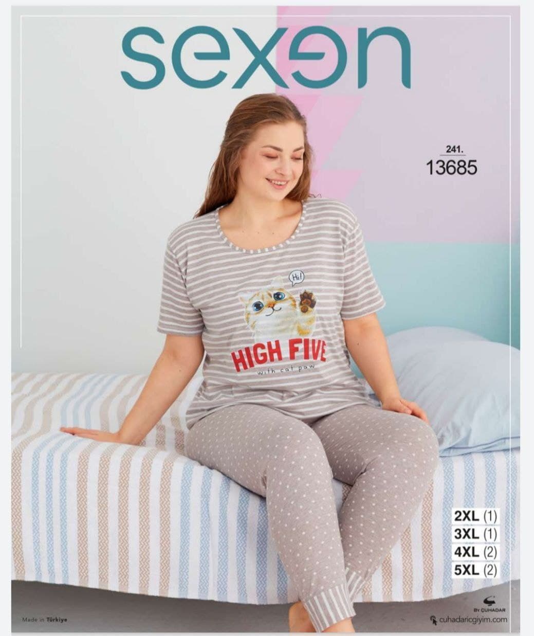 سکسن | Sexen - ست تیشرت و شلوار نخ پنبه زنانه سایز بزرگ 13685 ترک