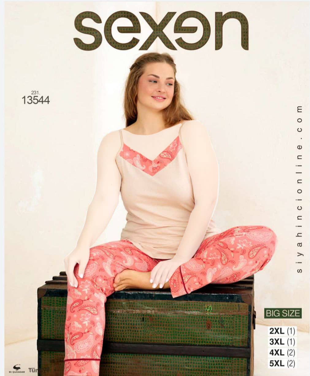 سکسن | Sexen - ست تاپ و شلوار بهاری زنانه سایز بزرگ 13544 ترک