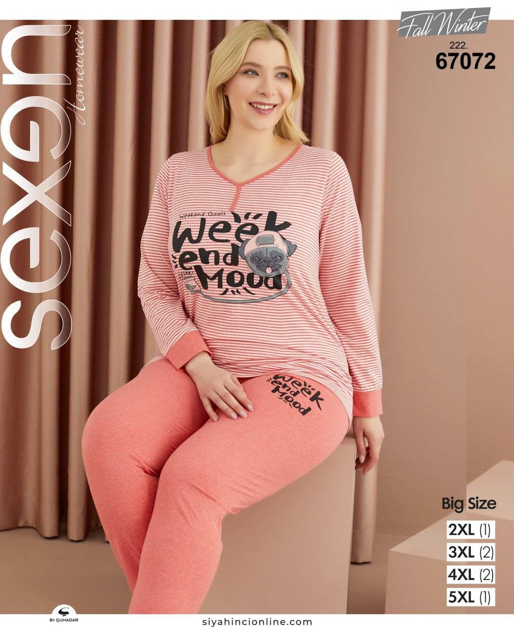 سکسن | Sexen - ست تیشرت و شلوار خانگی زنانه بهاری سایز بزرگ 67072 ترک
