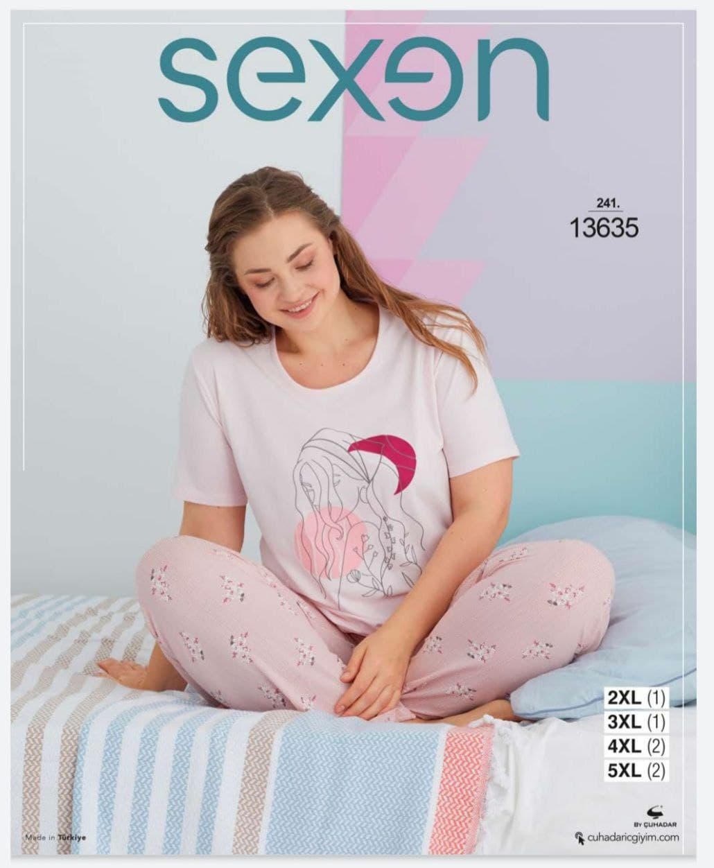 سکسن | Sexen - ست تیشرت و شلوار خانگی زنانه سایز بزرگ 13635 ترک