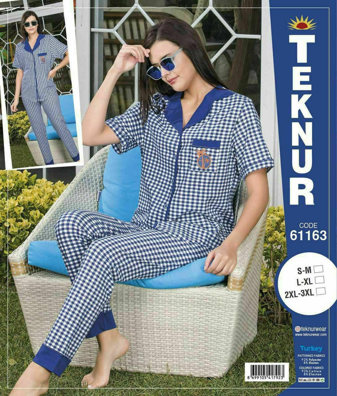 تکنور | Teknur - ست لباس خواب یقه انگلیسی چهارخانه زنانه 61163 ترک