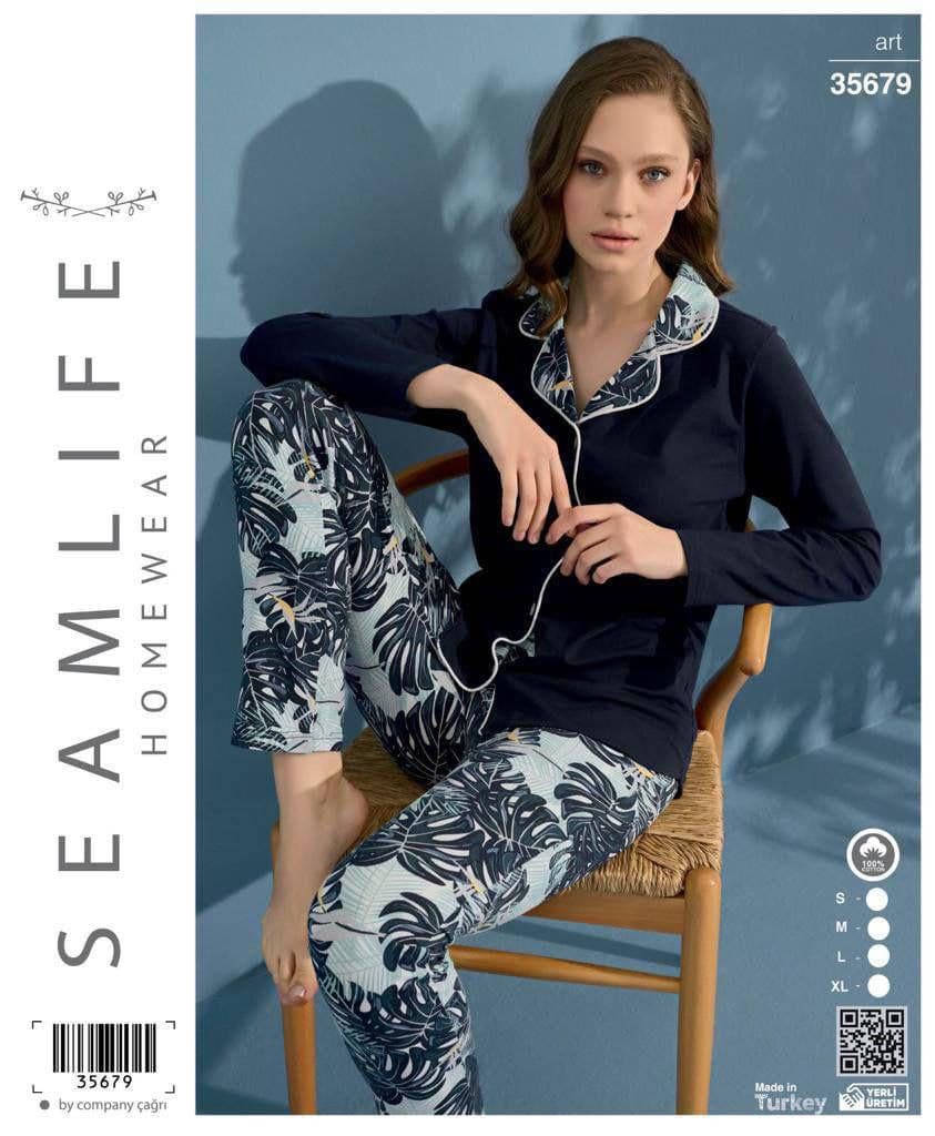 سیم لایف | SEAMLIFE - ست لباس خواب جلو دکمه و شلوار نخی زنانه 35679 ترک