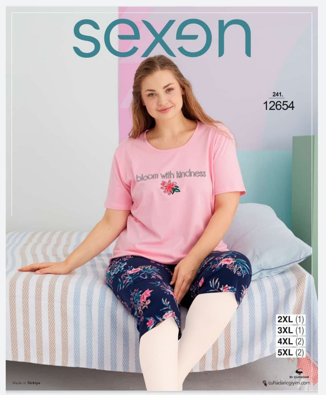 سکسن | Sexen - ست تیشرت و شلوارک نخی زنانه سایز بزرگ 12654 ترک