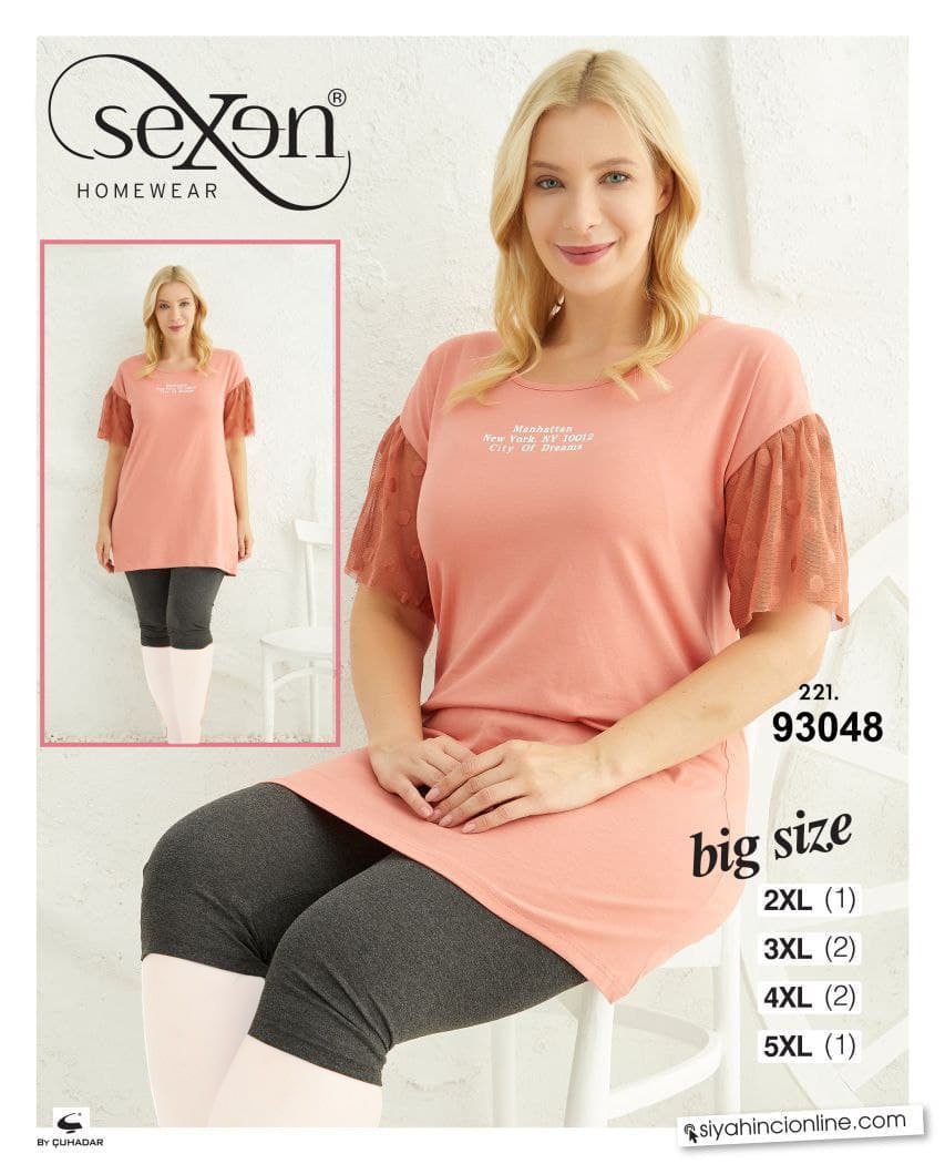 سکسن | Sexen - ست تی شرت و شلوارک خانگی زنانه سایز بزرگ 93048 ترک
